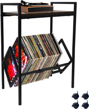 Beatyloit Turntable Stand with Record Storage,2 Tier Vinyl Report Storage Rack,Mobile LP Storage Display Stand with Casters,Black Metal Vinyl Stand Table for for Living Room Bedroom Office Up to 80 LP