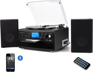 DIGITNOW Bluetooth Record Player Turntable with Stereo Speaker, LP Vinyl to MP3 Converter with CD, Cassette, Radio, Aux in and USB/SD Encoding, Remote Control, Audio Music Player Built in Amplifier