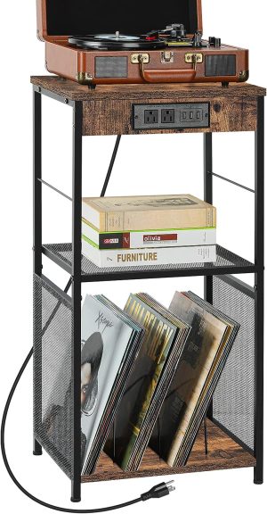 Vinyl Record Storage, Record Player Stand 3 Tier Vinyl Records Holder for 170 Albums, Black Nightstand with Charging Station Turntable Stand Record Player Table Cabinet for Living Room Bedroom