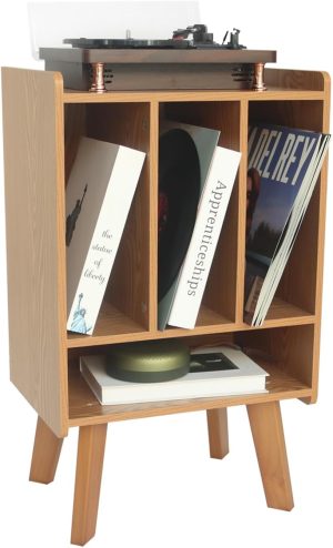 AWASEN Record Player Stand with Vinyl Storage, Turntable Stand with Record Storage, Vinyl Record Table Holds Up to 100 Albums, 3 Tier End Table with Wood Legs for Living Room Bedroom Office (Brown)