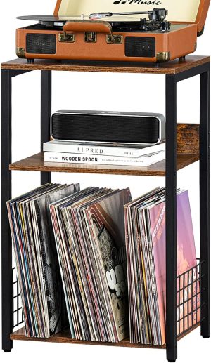 LELELINKY 3 Tier End Table,Record Player Stand with Storage Up to 100 Albums,Turntable Stand for Vinyl,Brown Records Shelf for Living Room Bedroom