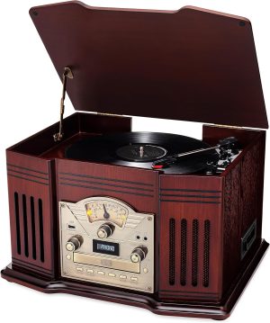 ClearClick All-in-One Turntable with 3-Speed Record Player, Bluetooth, CD, Cassette Tape, AM/FM Radio, Aux, USB, Built-in Speakers, Handmade Wooden Exterior