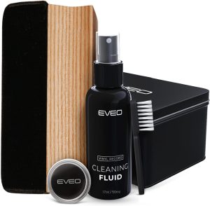 EVEO Premium Vinyl Record Cleaner Kit - Complete 4-in-1 Vinyl Records Cleaning Kit for Records Albums-Includes Soft Velvet Record Brush,Cleaning Liquid,Duster &Turntable Stylus Cleaning Gel