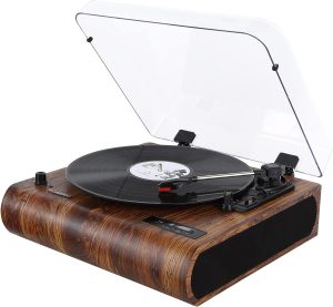 VOSTERIO Bluetooth Record Player, 3 Speed Turntable with Built-in Speakers, Retro LP Vinyl Player with BT Input & Output, FM Radio, USB & SD Card Recording, Aux in, LED Display