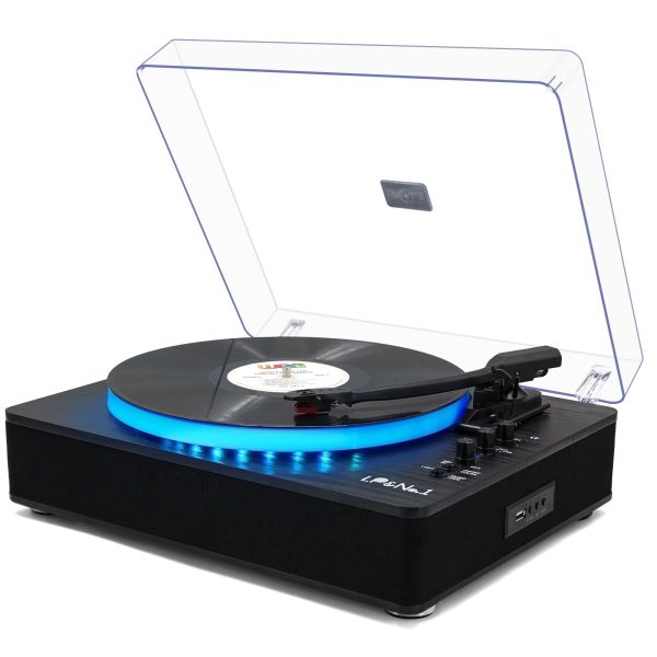 LP&No.1 Record Player with Built-in Full-Range Speakers, LED Control, 3-Speed Belt-Drive Vinyl Turntable with USB Playback & Recording, Wireless BT Input & Output, Auto Stop, Pitch Control | Black