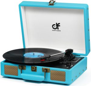 Record Player with Built-in Speakers Suitcase Bluetooth USB Recoding Turntable 3 Speed Vinyl LP Player with Auto-Stop, RCA Line-Out AUX Headphone Jack,Blue