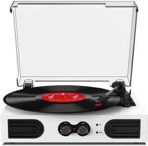 Vinyl Record Player with Built-in Speakers, Treble & Bass Adjust, 3-Speed Vintage Belt-Driven Portable Bluetooth Turntable LP Player Support AUX-in RCA-Out, Headphone Jack, White