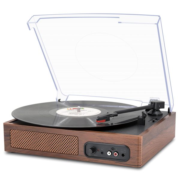 Vinyl Record Player with Built-in Stereo Speakers, Portable 3-Speed Belt-Driven Turntable, Retro LP Player with Headphone Jack, RCA Output for Entertainment and Home Decoration | Dark Red