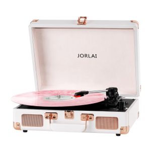 JORLAI Pink Vinyl Record Player 3 Speeds Portable Suitcase Turntable with Built-in Dual Speakers, Bluetooth Gramophone with Built-in Battery 3.5mm Aux Input/Rca Output