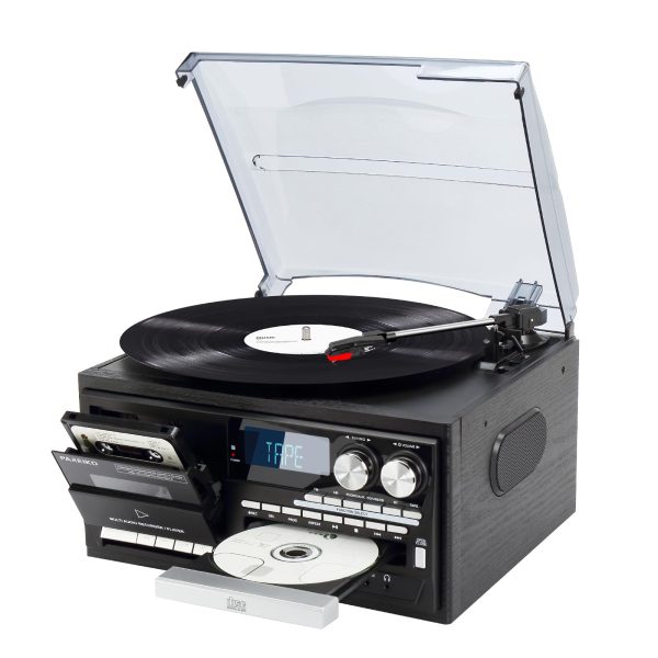 PAREIKO 9-in-1 Record Player 3 Speeds Vinyl Turntable with Bluetooth, Built-in Speakers Phonograph with 3.5mm Headphone Jack, CD/Cassette, FM/AM Radio, Aux-in/RCA Line Out, USB/SD/MMC