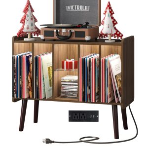 Tantmis LED Record Player Stand, Turntable Stand with Vinyl Record Storage, Mid Century Contemporary Record Player Table, Rustic Black Record Player Cabinet with Power Outlet for Living Room, Bedroom