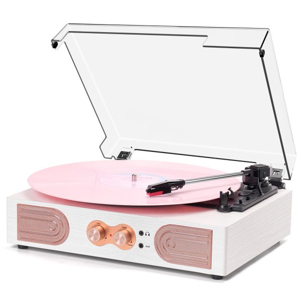 Vinyl Record Player with Built-in Speakers 3-Speed Vintage Record Player Support Treble& Bass Control, 3.5mm Headphone Jack, RCA-Out/Aux in, Belt-Driven LP Turntable,White Rose Gold