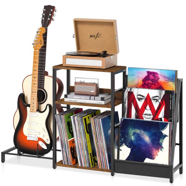 LEBOAHOUS White Record Player Stand with Vinyl Display Shelf Storage Up to 150 Albums and Guitar Stand,