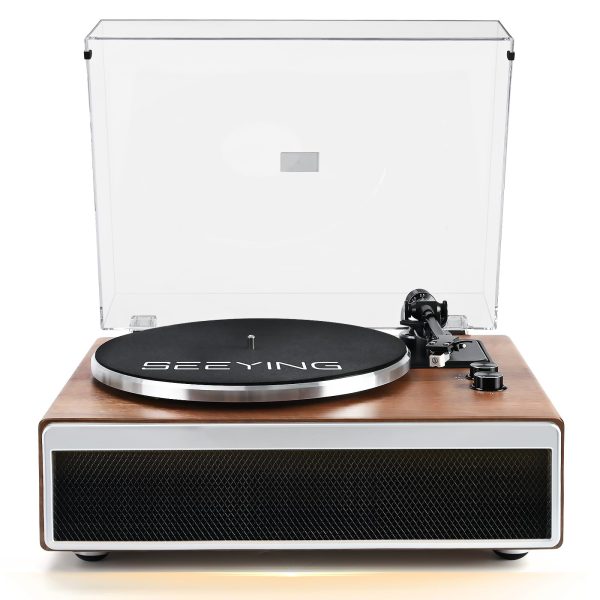 SeeYing Vinyl Record Player with Built in Stereo Speakers Bluetooth Turntable for Vinyl Records with Magnetic Cartridge Belt Drive 2-Speed Hi-Fi System with Phono Preamp, Aux-in and Warm Light Design