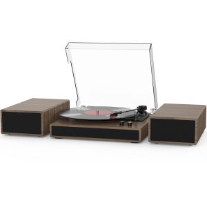 Vinyl Record Player with Dual Stereo Bookshelf Speakers Vintage Turntable with Bluetooth Wireless Playback Belt Drive 3-Speed Playback Record Player Support RCA Out Auto Stop