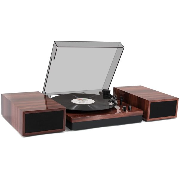 Vinyl Record Player with HiFi Full-Range Bookshelf Speakers, Glossy Shine Finish, Smooth Belt-Drive Turntable System, Moving Magnet AT-3600L Cartridge, Wireless Playback, RCA Output | Brown