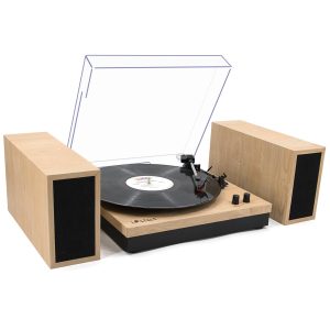 LP&No.1 Wireless Turntable with Stereo Bookshelf Speakers, Retro Record Player with Wireless Playback, 3 Speed Belt-Drive Vintage Turntable with Auto Off, Vintage Green Wood