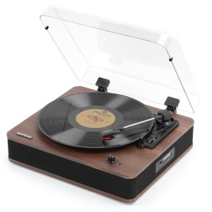 Retrospiler Record Player, Bluetooth Input & Output Turntable with Built-in Speakers, FM Radio, Vinyl-MP3 Recording, USB & SD Playback, LED Screen, Walnut