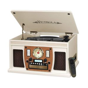 Victrola 8-in-1 Bluetooth Record Player & Multimedia Center, Built-in Stereo Speakers - Turntable, Wireless Music Streaming, Real Wood | Black, 1SFA