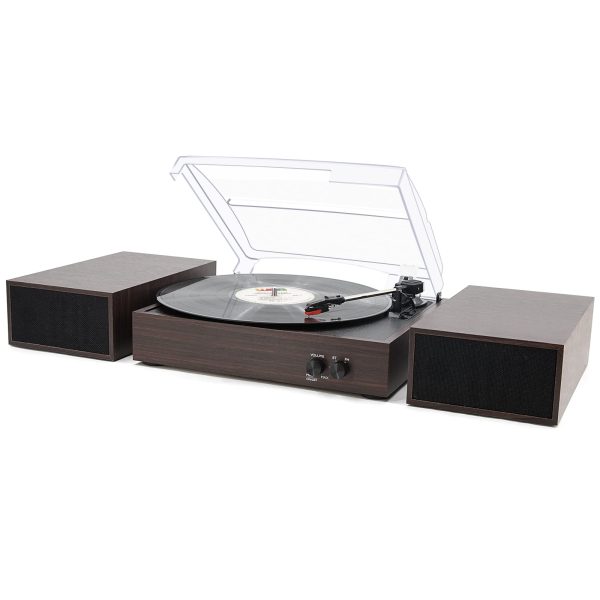 Vinyl Record Player, Vinyl Turntables with Dual Stereo Bookshelf External Speakers, Adjustable 3-Speed Belt-Drive Turntable, LP Player with RCA, Auto Stop（Cement Ash