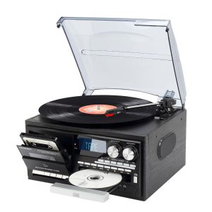 PAREIKO 9 in 1 Record Player 3 Speed Bluetooth Vintage Turntable CD/Cassette Vinyl Player AM/FM Radio USB/SD Playback Aux-in/RCA Line-Out