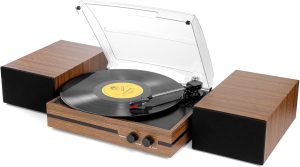 Retro Vinyl Record Player Bluetooth Desktop Phonograph Belt-Drive Turntable with External Speakers,Dual Stereo Speakers LP Players AUX Headphone Input RCA Out, 3 Speeds 3 Sizes Wood Brown