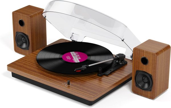 Retro Vinyl Record Player Bluetooth Desktop Phonograph Belt-Drive Turntable with External Speakers,Dual Stereo Speakers LP Players AUX Headphone Input RCA Out, 3 Speeds 3 Sizes Wood Orange