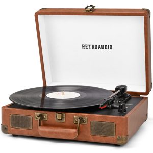 Vinyl Record Player 3-Speed Bluetooth Portable Suitcase Records Player with 2 Built-in Stereo Speakers, Belt-Driven Turntable for Vinyl Records, Support RCA Line Out, AUX Out, Brown